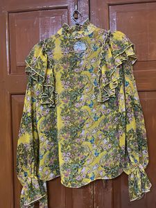 Yellow Floral Ruffle Neck Blouse