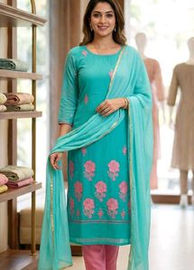 Beautiful Teal Kurta Set (fabric)with Pink Embroid