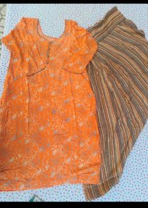 Orange Printed Kurta with Striped Palazzo