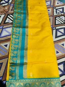 Elegant Yellow Silk Saree with Teal Border