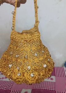 Handmade Metallic Gold Crochet Potli Bag