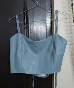 Synthetic Leather Lace Back Top