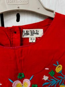 Red Cotton Frock With Embroidery