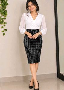 Black Checked Midi Pencil Skirt
