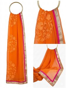 Orange Embroidered Dupatta with Pink Border