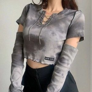 ᝰ.ᐟ Grey Lace-Up Crop Top
