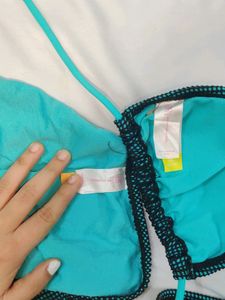 No Boundaries Black And Teal Fishnet Bikini Set