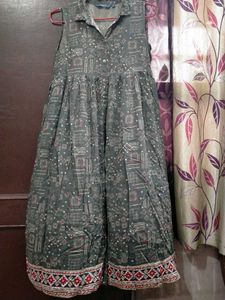 Green Printed Ethnic Gown