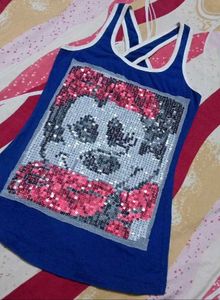 Blue Sequin Skull Tank Top