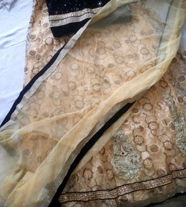 Elegant Black Velvet Blouse &amp; Beige Net Lehenga