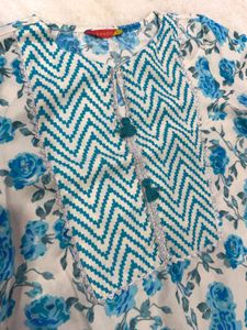 Blue Floral Print Kurta Set with Dupatta (S)