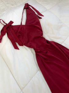 Elegant Red Dress with Bow Accents