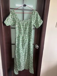 Green Floral Puff Sleeve Midi Dress