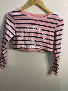 Pink Striped Cropped Long Sleeve Top