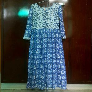 Blue Block Print Anarkali Kurta