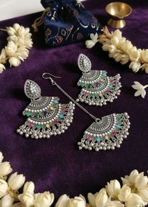 Oxidized Silver colourful Maang Tikka Set