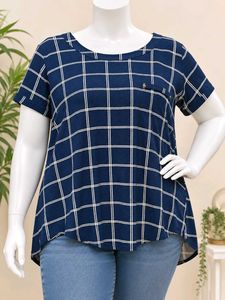 Chic Navy Blue Plaid Top