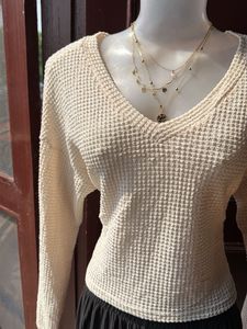 Cream Waffle Knit V-Neck Top