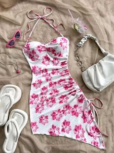 Floral Pink Ruched Halter Neck Mini Dress