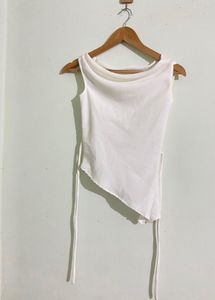 Chic White Asymmetrical Cowlneck Sleeveless Top