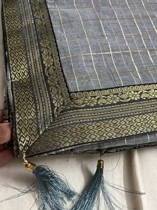 Elegant Grey Saree with Gold Stripes