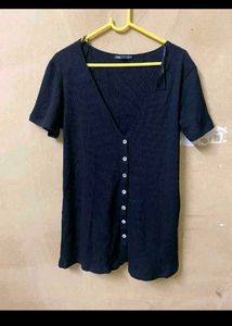 Zara Black Button-Up V-Neck Top