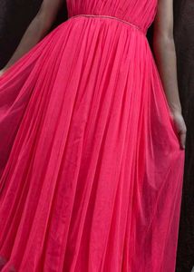 Pink Net Full Length Gown Blue Embroidery Coat