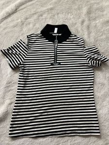 Striped Cold Shoulder Zip-Up Top