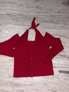 savana Chic Red Cold Shoulder Knit Top