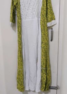 White Kurta Set with attached Printed Jacket