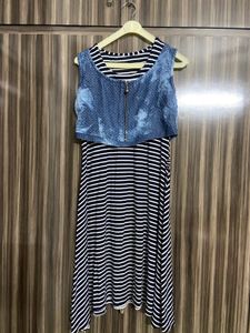 Striped Midi Dress with Denim Overlay