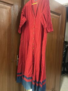 Red Button-Down long  Kurta /dress  with Blue Hem