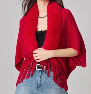 Vibrant Red Faux Fur Trimmed Poncho