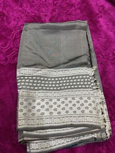 Elegant Grey &amp; Blue Striped Saree