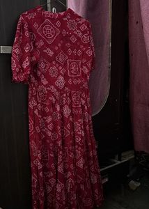Stylish Red Bandhani Print Maxi Dress