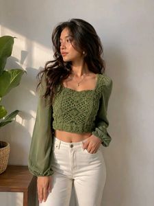 Green Crocheted Square Neck Puff Sleeve Top
