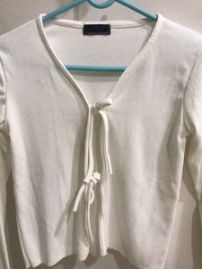 Korean Style White Bow Tying Slit Top