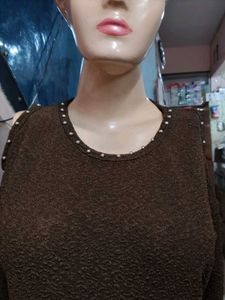 Brown Cold Shoulder Top with Rose Embellishment