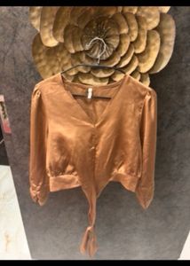 Satin V-Neck Top with Tie-Front