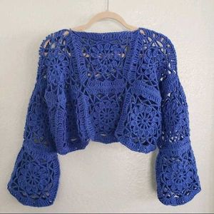 Crochet Cardigan Open Front - Blue