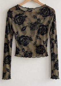 Sheer Black Rose Print Mesh Top