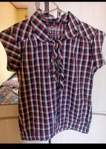 Women's Plaid Short Sleeve Tie Neck Blouse