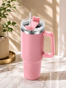 Pink Insulated Tumbler with Handle & Straw