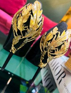 Black Stiletto Heels with Gold Leaf Detail