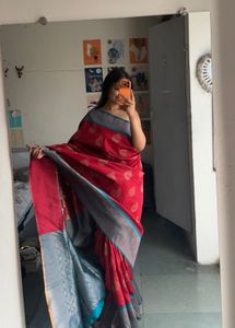 Elegant Red Saree with Grey Border