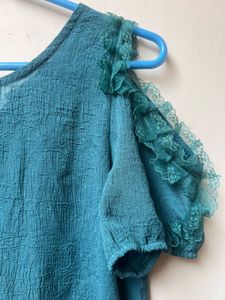 Teal Ruffle Cold Shoulder Cut Top