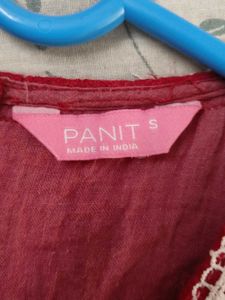 Red Textured Kurta with Lace Trim