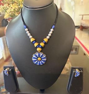 Blue Floral Terracotta Necklace &amp; Earring Set