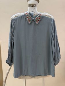 Embroidered Collar Blue Top