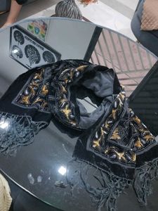 Embellished Velvet Scarf with Fringe
